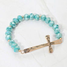 Load image into Gallery viewer, Brushed Hammered Metal Cross Accent Faceted Beaded Stretch Bracelet: Hematite
