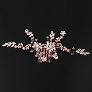 Crystal Handmade Bridal Comb with Flower Detail: Gold-Clear