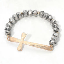 Load image into Gallery viewer, Brushed Hammered Metal Cross Accent Faceted Beaded Stretch Bracelet: Light Blue
