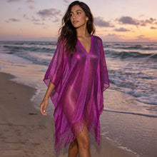 Load image into Gallery viewer, Lightweight Metallic Fringe Flowing Kimono Cover Up: Black
