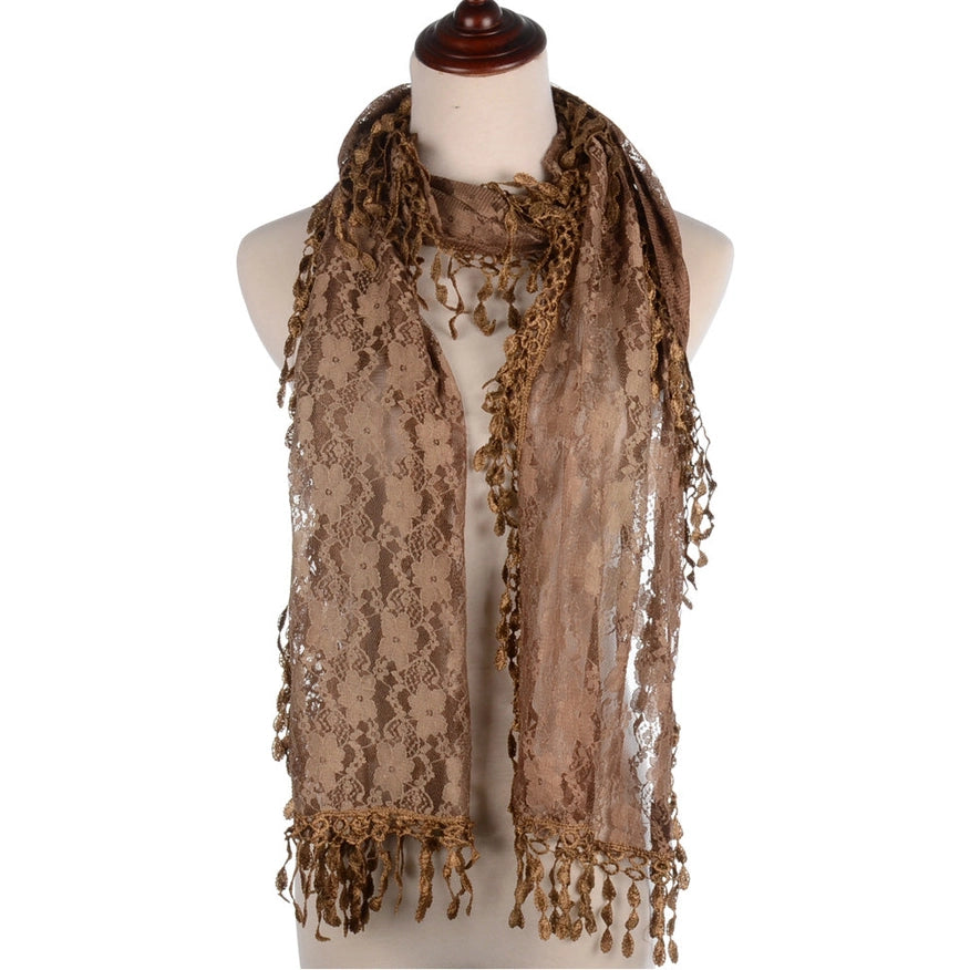 One Piece Leaf Pattern Lace Scarf with Tasse Brown