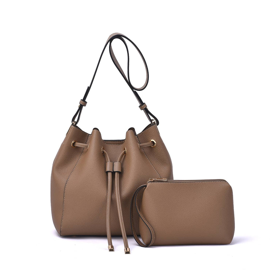 Ashby Drawstring Bucket Bag with Pouch: Latte