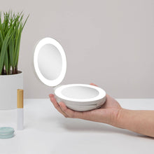 Load image into Gallery viewer, Lighted Travel Mirror with Magnification &amp; Folding-to-Compac: 10X/1X / Round / Taupe
