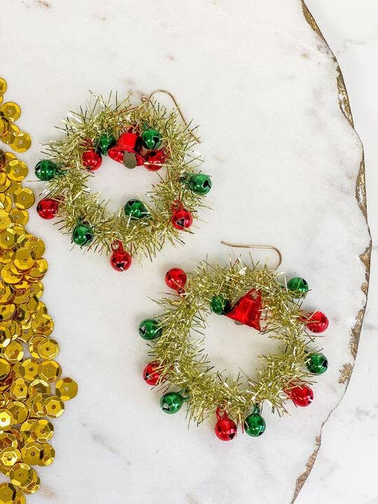 Jingle Bell Tinsel Wreath Dangle Earrings - Gold