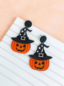 Glitter Witch Hat Pumpkin Dangle Earrings