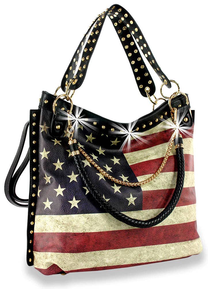 American Flag Design Studded Handbag - Black