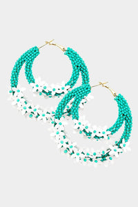 Flower Cluster Accented Seed Beaded Hoop Earrings Turquoise and White