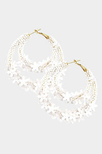 Flower Cluster Accented Seed Beaded Hoop Earrings White