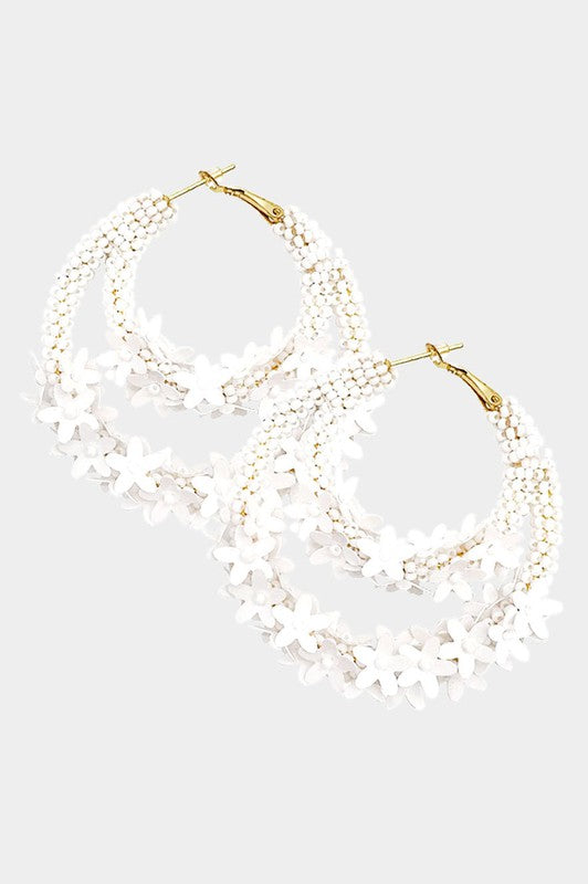 Flower Cluster Accented Seed Beaded Hoop Earrings White