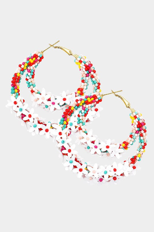 Flower Cluster Accented Seed Beaded Hoop Earrings White and Multi Colors