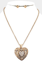 Load image into Gallery viewer, Rhinestone Filigreed Metal Heart Necklace
