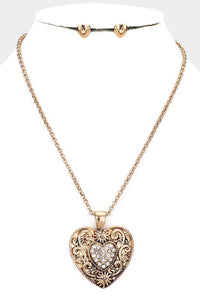 Rhinestone Filigreed Metal Heart Necklace