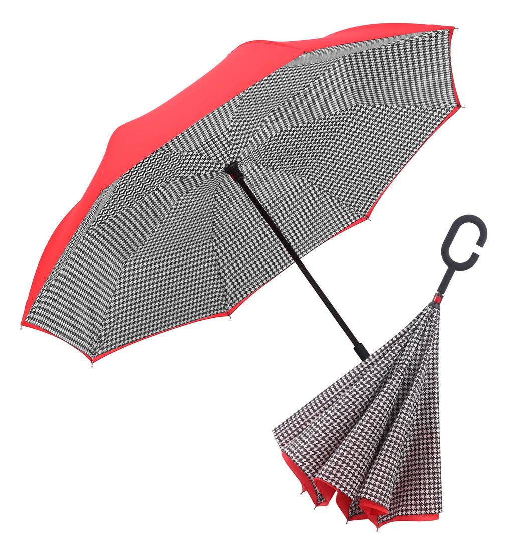 RainCaper - RainCaper Crimson/Black & White Houndstooth Reverse Umbrella