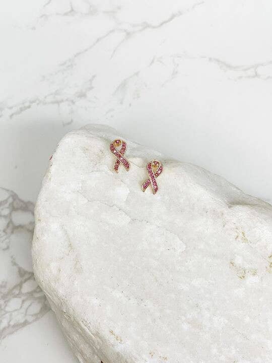 Gold & Rhinestone Breast Cancer Ribbon Stud Earrings