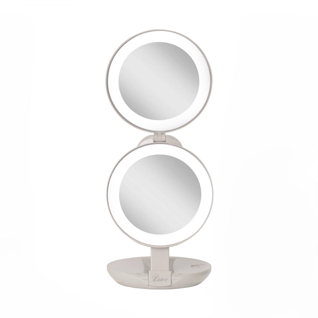 Lighted Travel Mirror with Magnification & Folding-to-Compac: 10X/1X / Round / Taupe