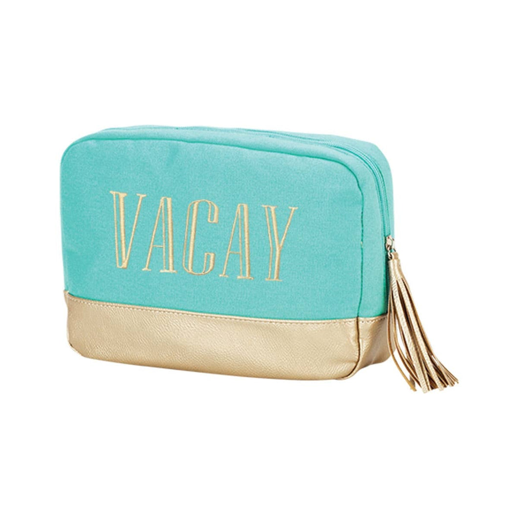 Gold Vacay Embroidered Mint Cabana Cosmetic Bag