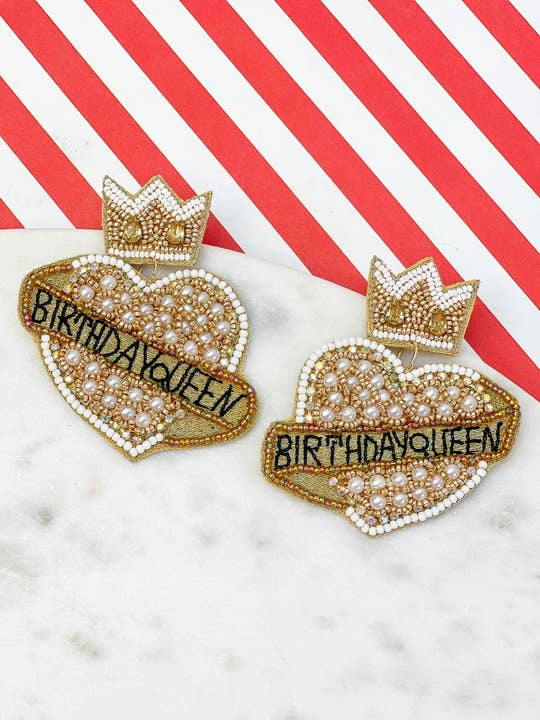 'Birthday Queen' Heart Beaded Dangle Earrings