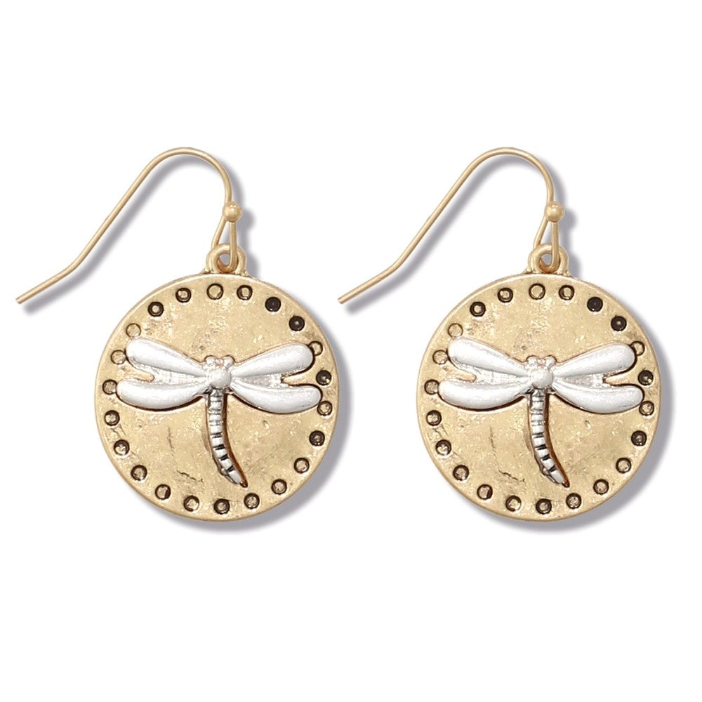 Earrings-Gold disks w dragonfly