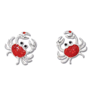 Silver Crab Earrings with Sparkling Red Crystal Inlay