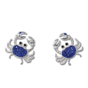 Silver Crab Earrings with Sparkling Blue Crystal Inlay