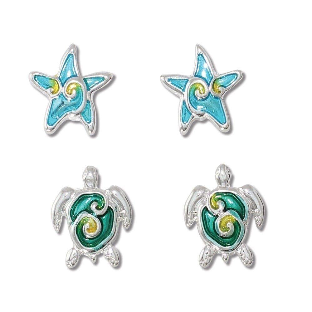 Earrings-Enamel Turtle & Starfish