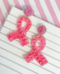 Floral Pink Breast Cancer Ribbon Dangle Earrings