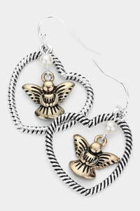 Pearl Pointed Metal Angel Heart Dangle Earrings