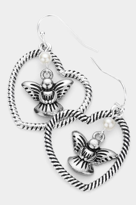 Pearl Pointed Metal Angel Heart Dangle Earrings