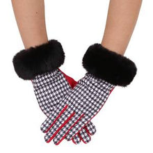 Load image into Gallery viewer, CRIMSON/BLACK &amp; WHITE HOUNDSTOOTH FUR-TRIMMED TEXTING GLOVES
