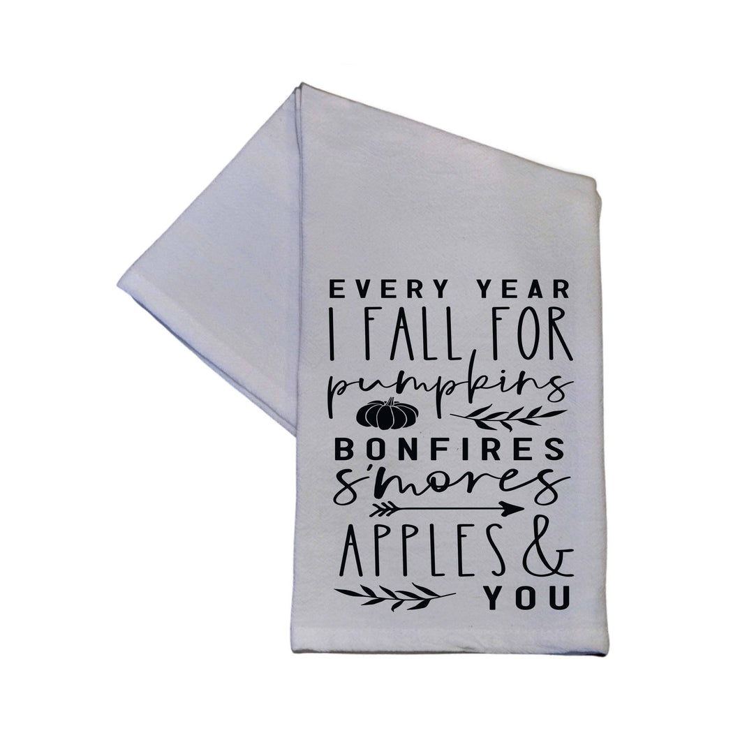 I Fall For Pumpkins Bonfires Funny Tea Towel Fall Décor