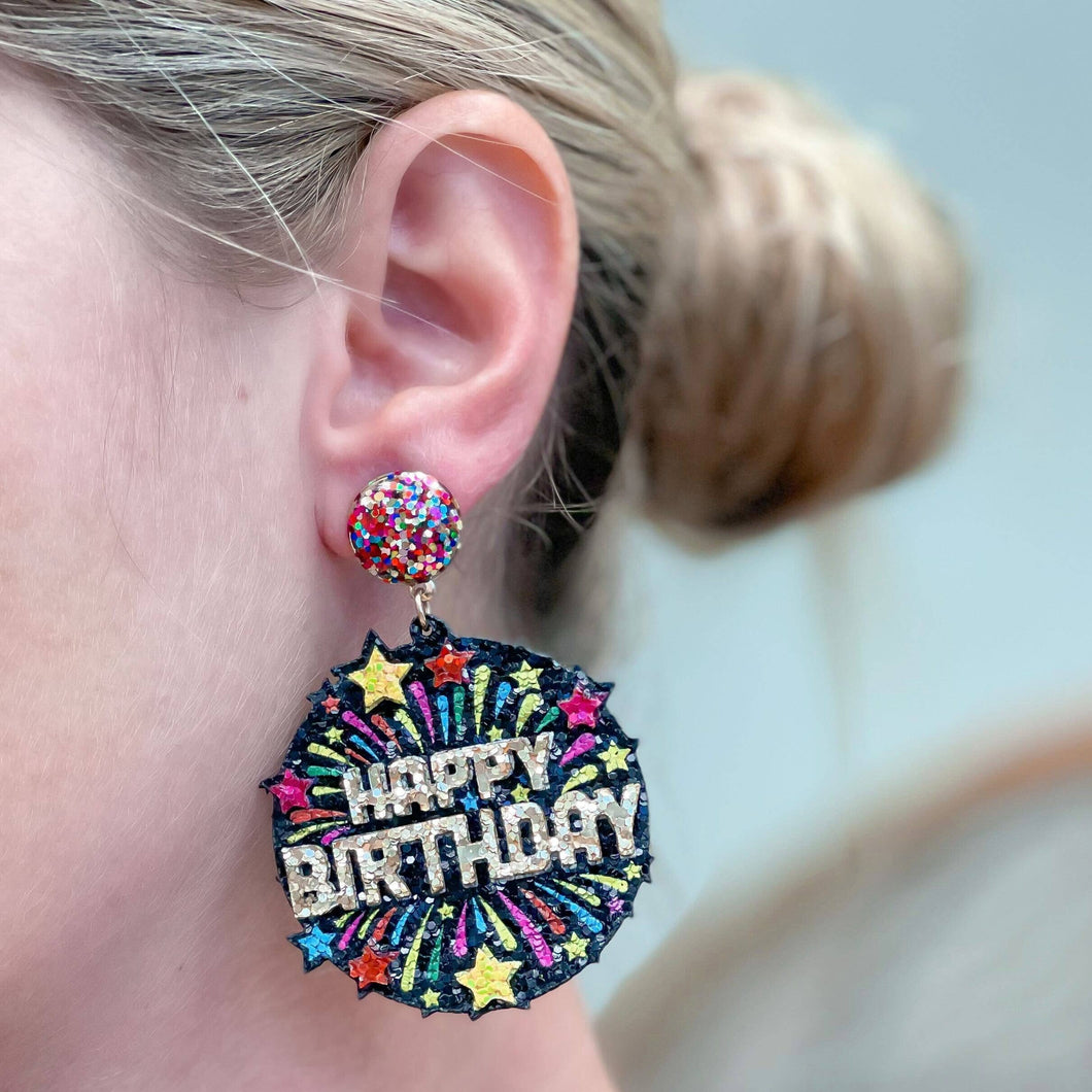 'Happy Birthday' Fireworks Glitter Dangle Earrings