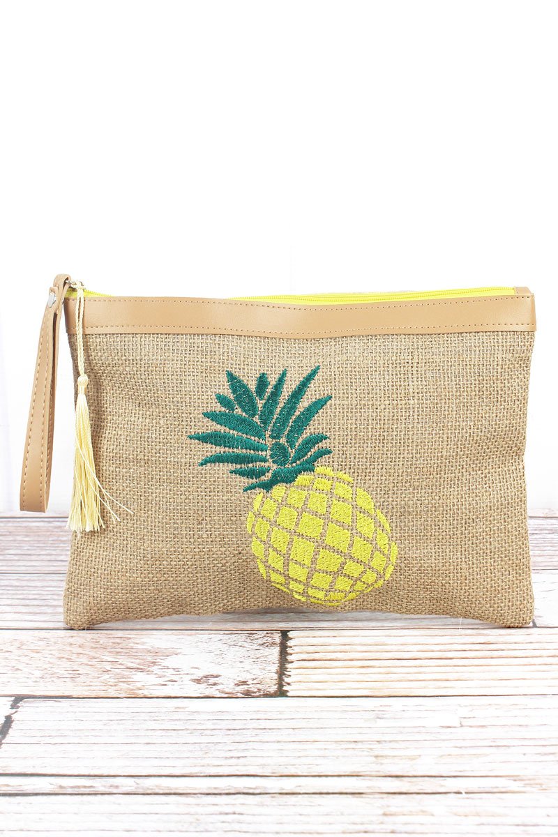 EMBROIDERED PINEAPPLE WRISTLET JUTE POUCH