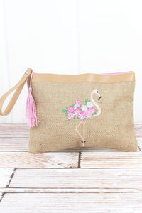 Embroidered Floral Flamingo Wristlet Jute Pouch